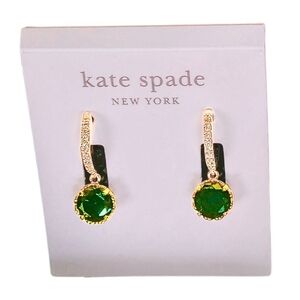 Kate Spade Gold Emerald Green With Rhinestones Sparkle Pierce Earrings New Boxed